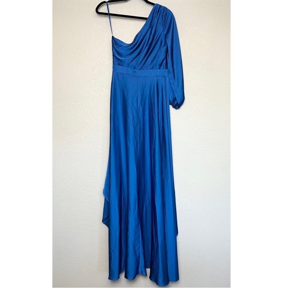 MAC DUGGAL One Shoulder Long Sleeve Cobalt Pleated Satin High Low Formal Gown 8 - Picture 6 of 10